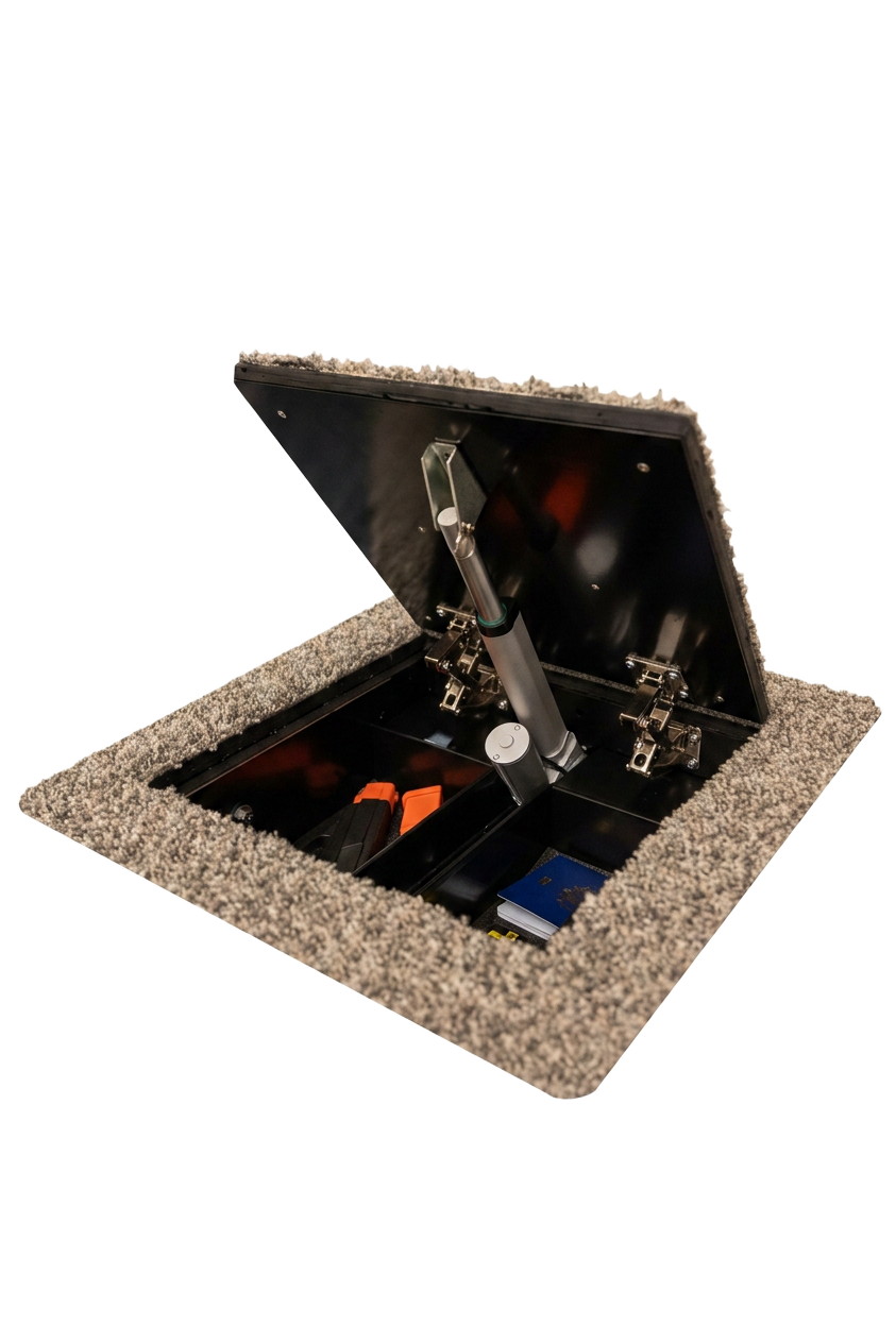 FloDo Access patented in-floor system with lid lifted, revealing the hidden mechanism and storage compartment.